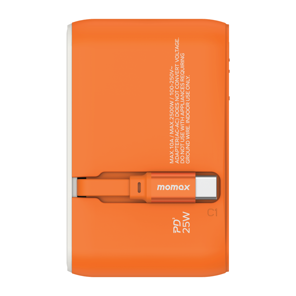Momax 1-World 25W 3 Port With Built-in USB-C Cable AC Travel Adaptor - Orange
