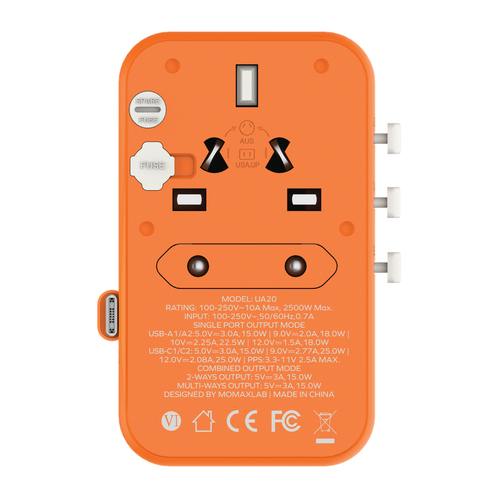Momax 1-World 25W 3 Port With Built-in USB-C Cable AC Travel Adaptor - Orange