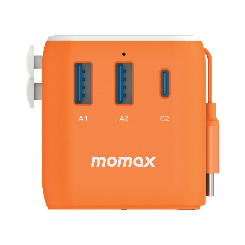 Momax 1-World 25W 3 Port With Built-in USB-C Cable AC Travel Adaptor - Orange