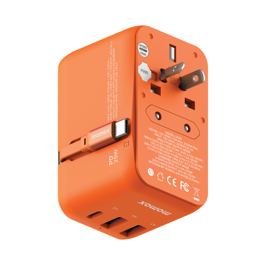 Momax 1-World 25W 3 Port With Built-in USB-C Cable AC Travel Adaptor - Orange
