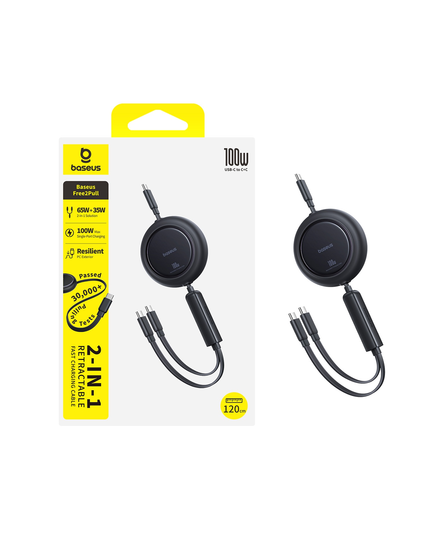 Baseus Free2Pull Mini Retractable Cable USB-C to C+C 100W 1.2m -  Black