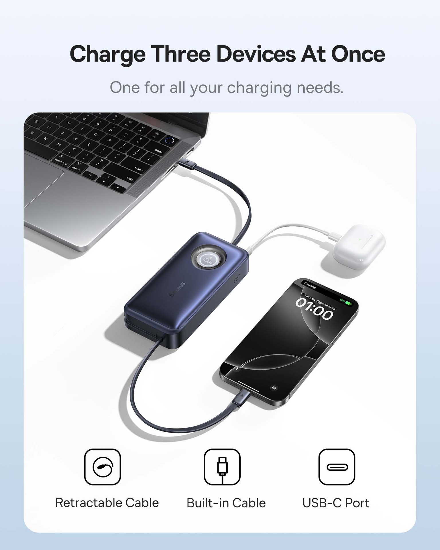 Baseus EnerCore CR11 Power Bank with Retractable Cable 20000mAh 100W - Cosmic Black