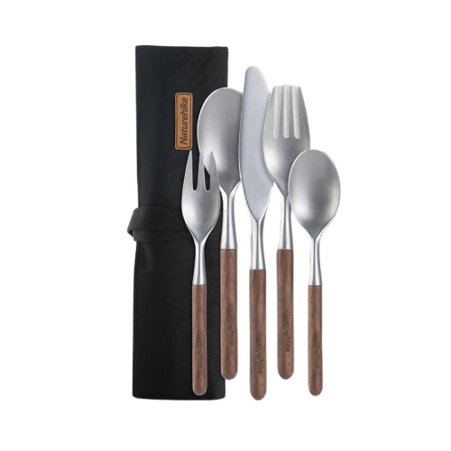 Naturehike Stainless steel wooden Tableware set 5 in 1 - Brown