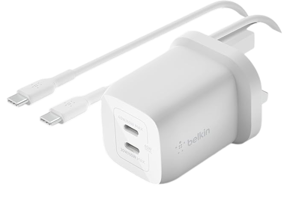 Belkin 65W Dual USB-C PD GAN Wall Charger W/ PPS 2m 100W C-c USB Cable White