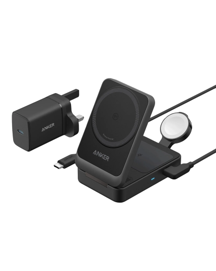 Anker MagGo Wireless Charging Station (15W, Foldable 3-in-1) -Black