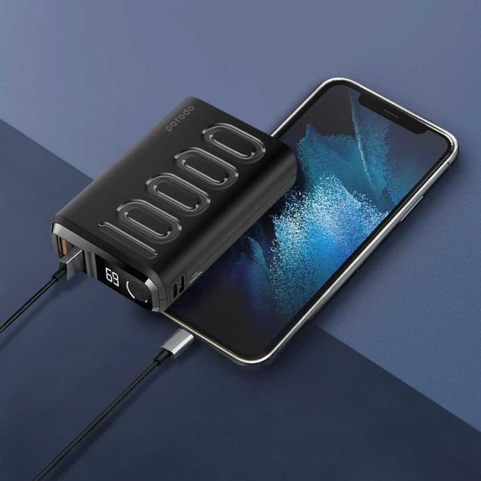 Porodo PD Power Bank 10000mAh 20W Power Delivery Quick Charge 3.0 Touch Sensor Power Button - Black
