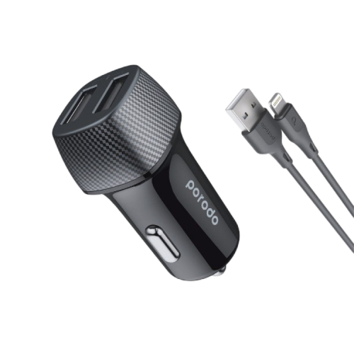 Porodo Dual Port Car Charger 3.4A With 0.9m/3ft Lightning Cable - Black