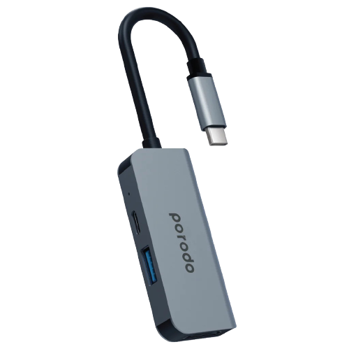 Porodo 3in1 Aluminium USB-C Hub 4K HDMI 87W Power Delivery and USB 2.0 - Gray