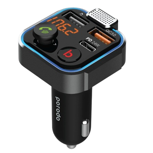 Porodo Smart Car Charger FM Transmitter With 24W PD Port and QC3.0 - Black