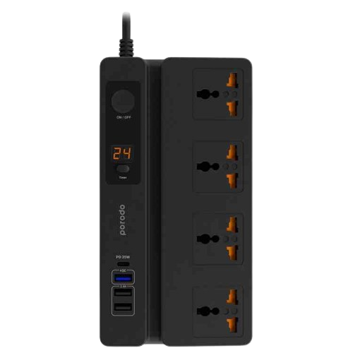 Porodo Multi-Function Socket With Phone Stand and Digital Timer 3M - Black