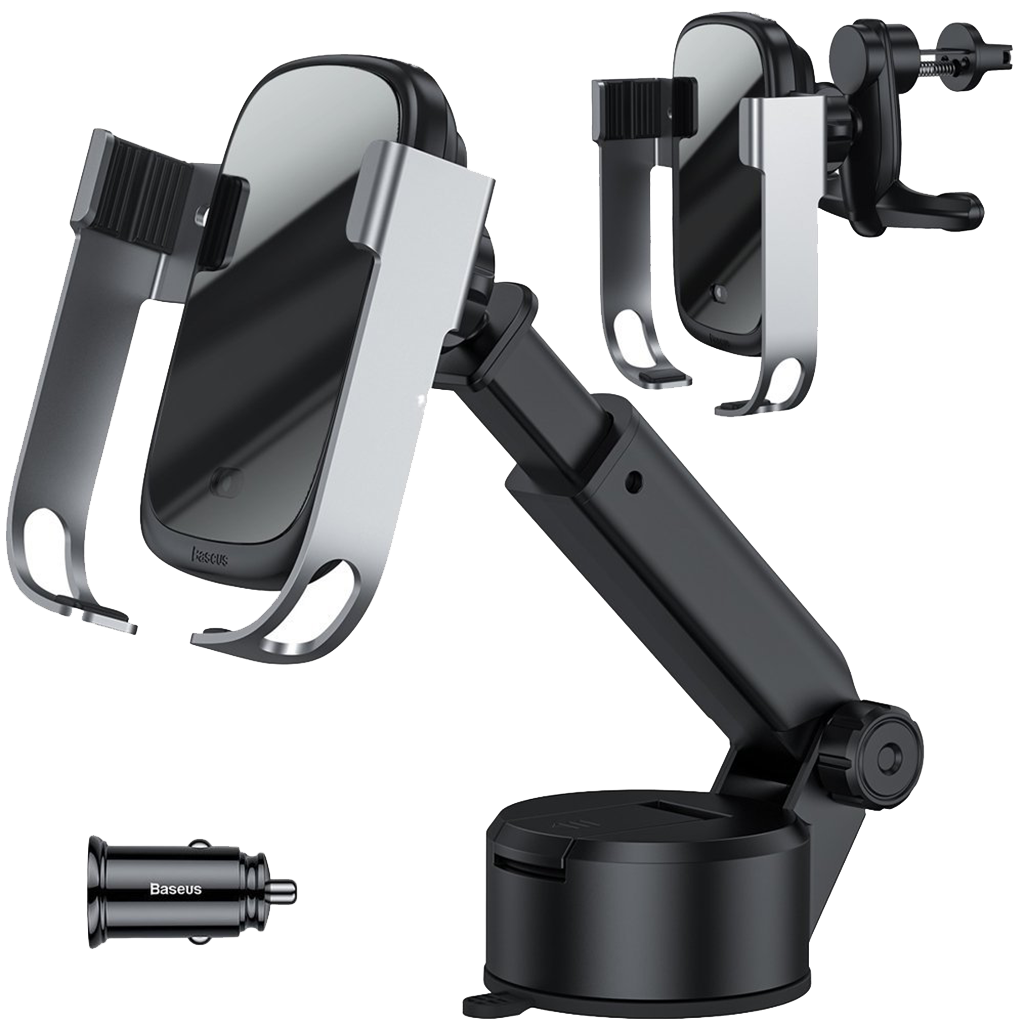 Baseus Rock-solid Electric Holder Wireless charger kit(Air Outlet base Tank Suction base Car Charger）Silver