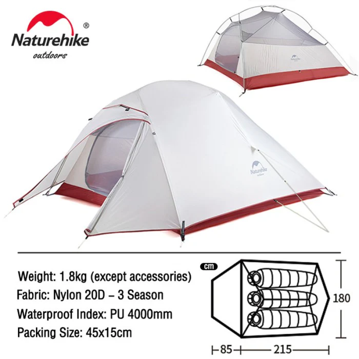 Naturehike Cloud Up Ultralight 3 Person Tent (Upgraded)- Light Grey/Red ((215+75)*180*110)