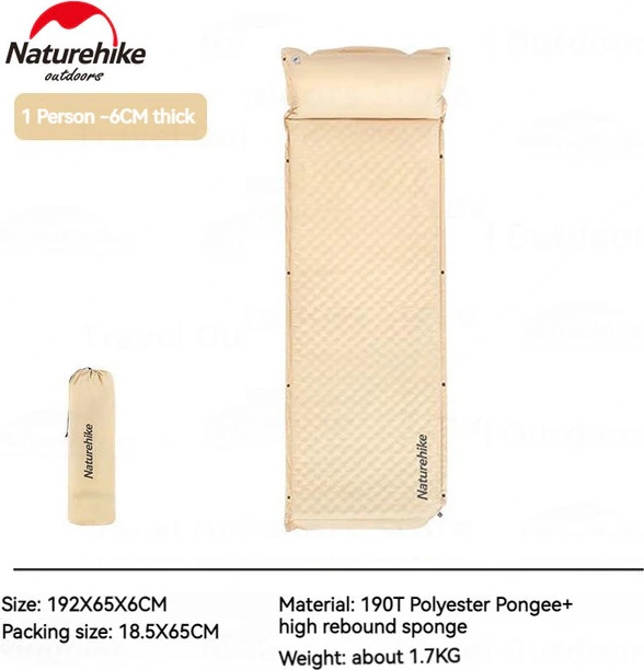 Naturehike D01 Automatic Inflatable Cushion with Pillow - Cream - single (192*65*6)