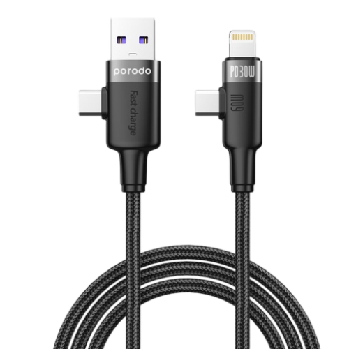 Porodo Dual Connector Universal Cable Lightning, Type-C, USB-A Black