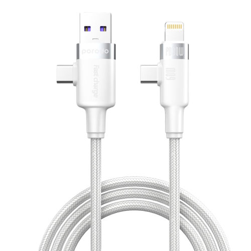 Porodo Dual Connector Universal Cable Lightning, Type-C, USB-A White