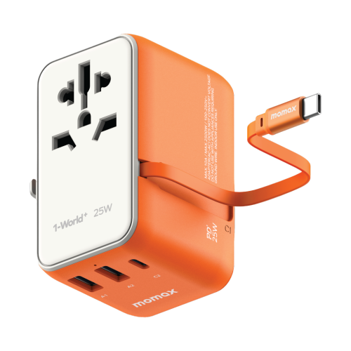 Momax 1-World 25W 3 Port With Built-in USB-C Cable AC Travel Adaptor - Orange