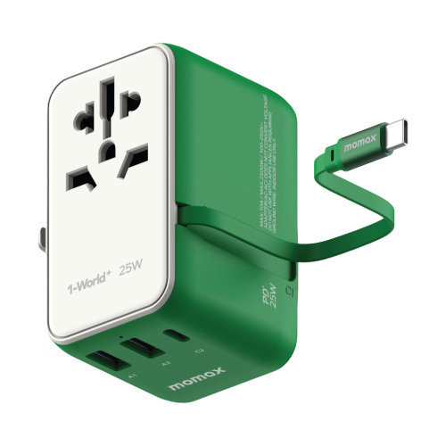 Momax 1-World 25W 3 Port With Built-in USB-C Cable AC Travel Adaptor - Green