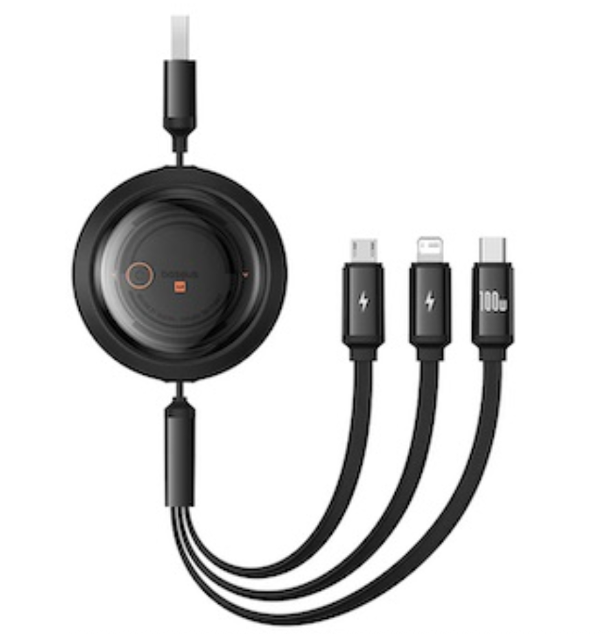 Baseus Free2Draw 1.1m USB-A to M+L+C 100W Retractable Crystal Cable – Black