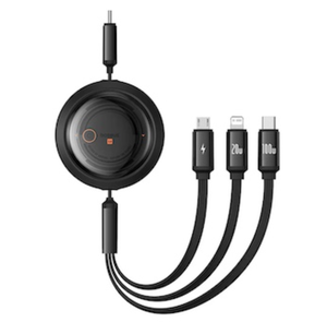 [P10368700111-04] Baseus Free2Draw 1.1m USB-C to M+L+C 100W Retractable Crystal Cable – Black